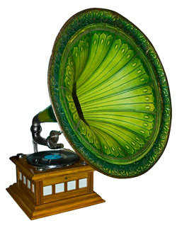 A old gramophone used to play vinyl records.