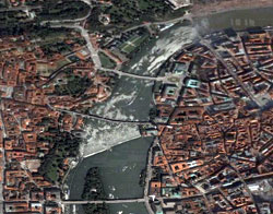 An aerial view of the Moldau river in Prague. An aerial view of the Moldau river in Prague.